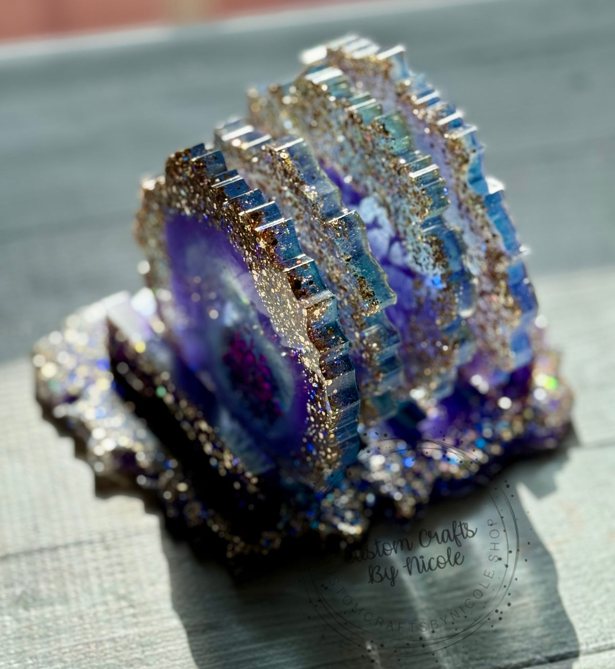 Purple and gold geode coaster set