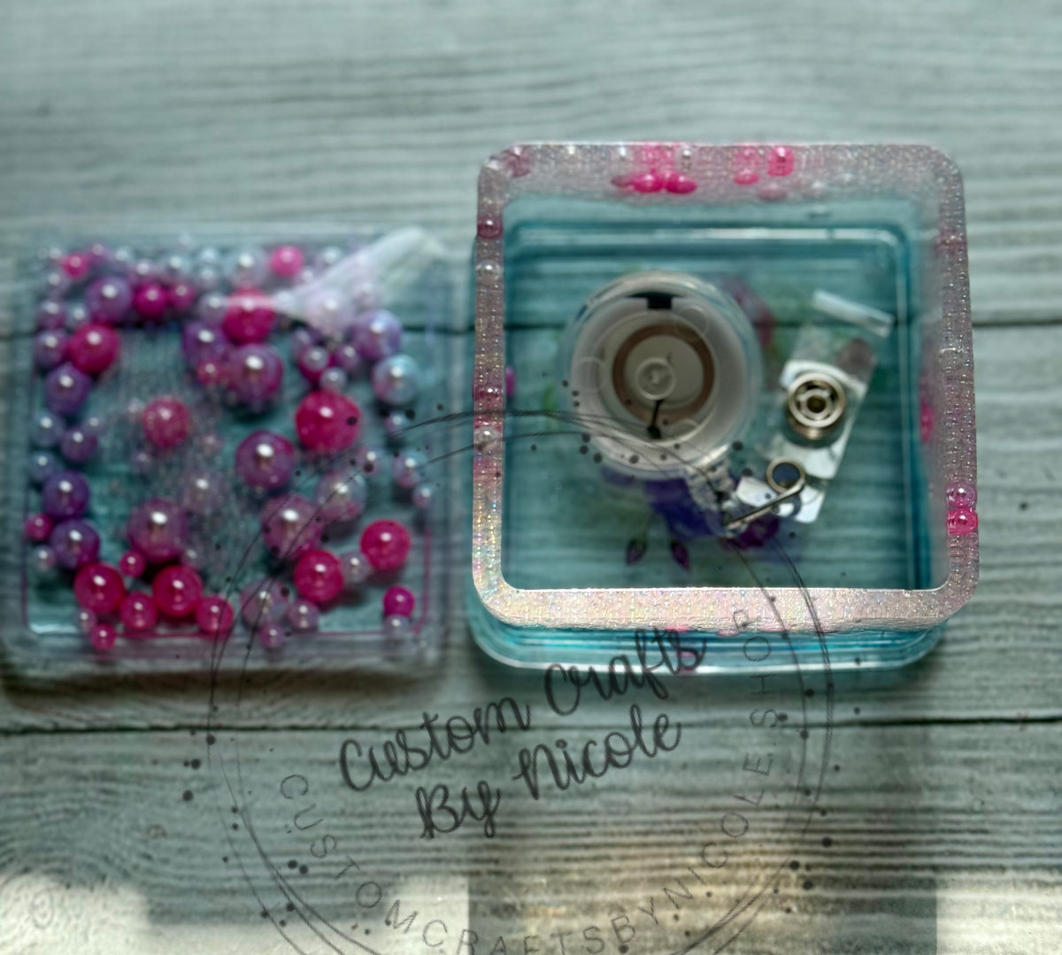 Pink and purple pearls square jar with lid