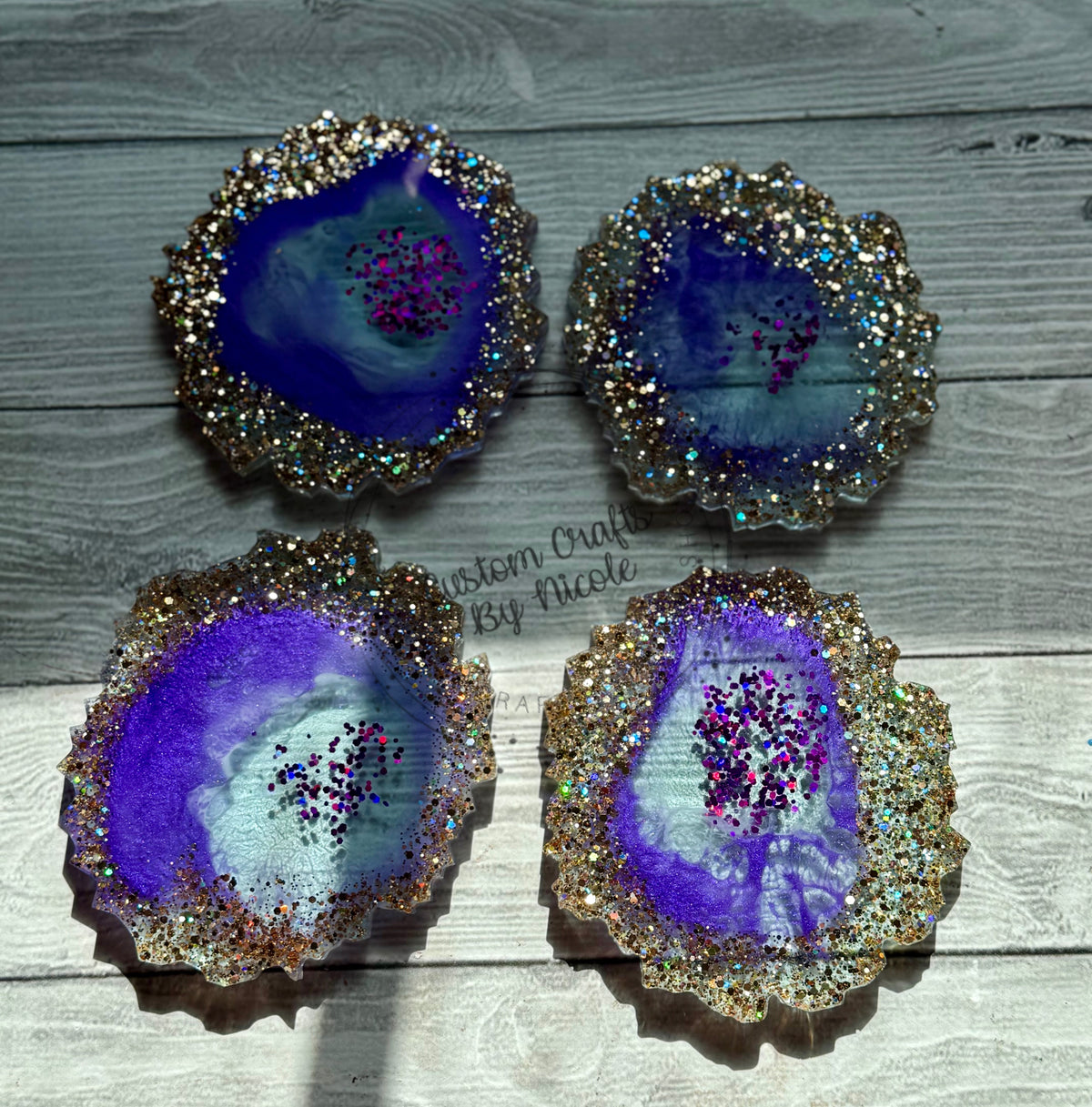 Purple and gold geode coaster set